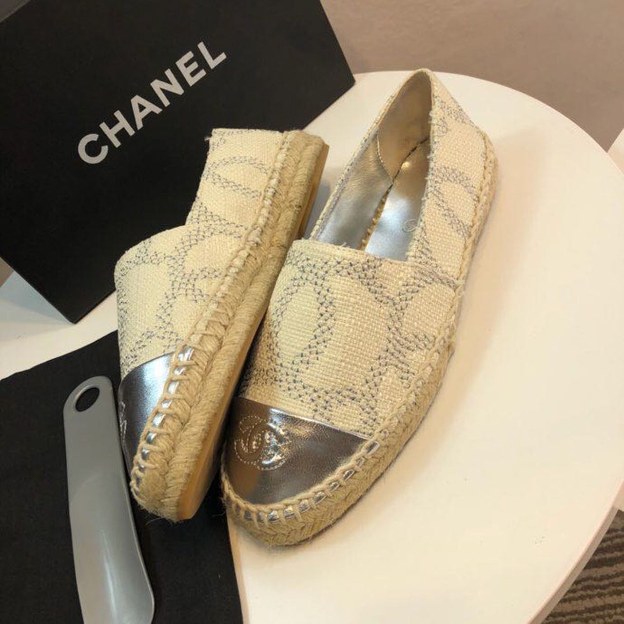 Chanel Tweed and Lambskin Toe Espadrilles Spring/Summer Collection Act 2 White/Silver
