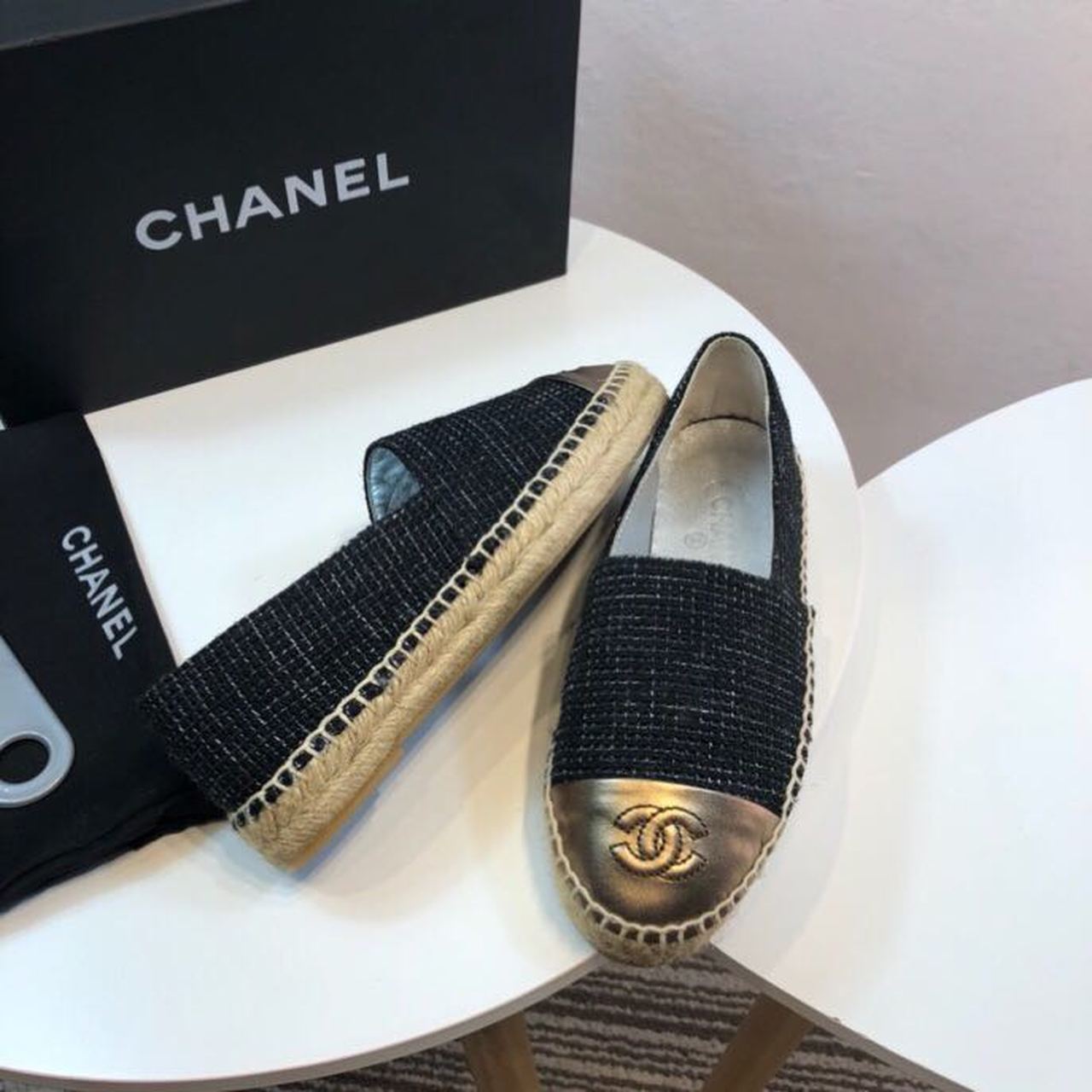 Chanel Tweed and Lambskin Toe Espadrilles Spring/Summer Collection Act 2 Black/Metallic