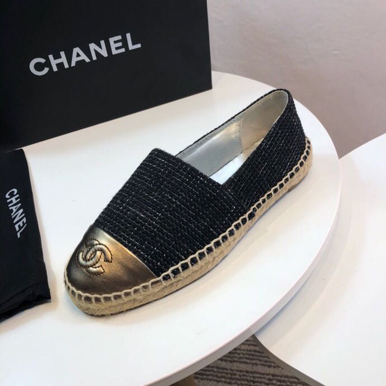 Chanel Tweed and Lambskin Toe Espadrilles Spring/Summer Collection Act 2 Black/Metallic