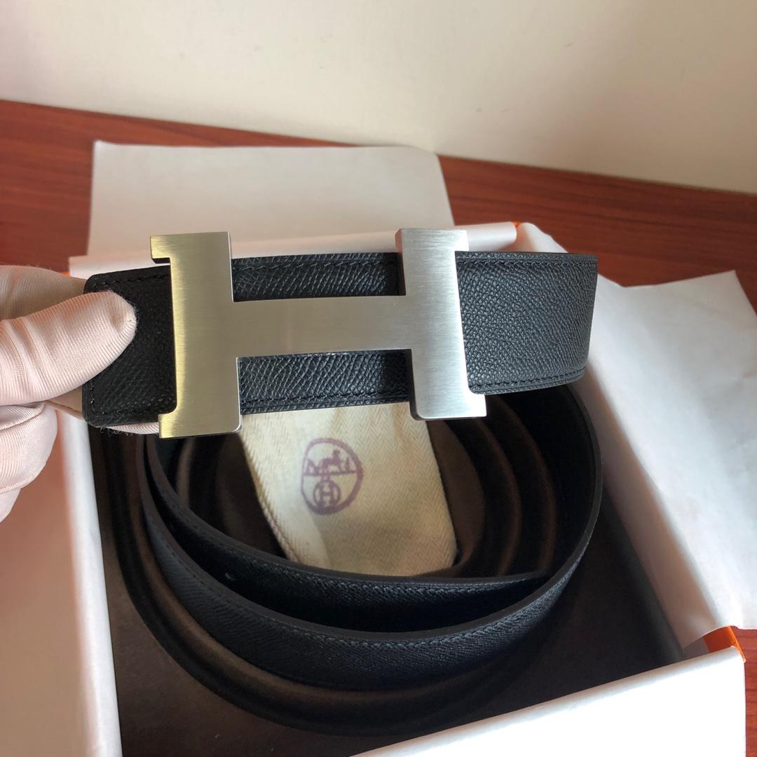 Hermes Mini Constance Guillochee Belt Buckle & Reversible Leather Strap Black