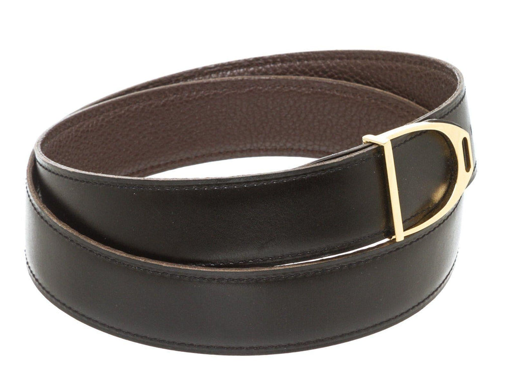 Hermes Vintage Black Brown Togo Leather Etrier Belt 85