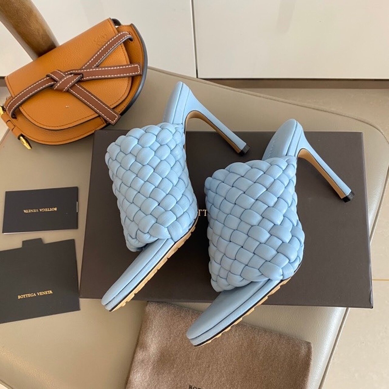 Bottega Veneta Curve Mules 9.5cm Heel Lambskin Leather Spring/Summer 2020 Collection, Light Blue