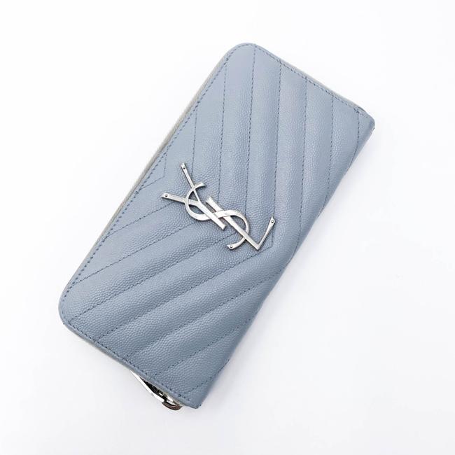 Saint Laurent Grey Grain De Poudre Matelasse Chevron Monogram Zip Around Wallet