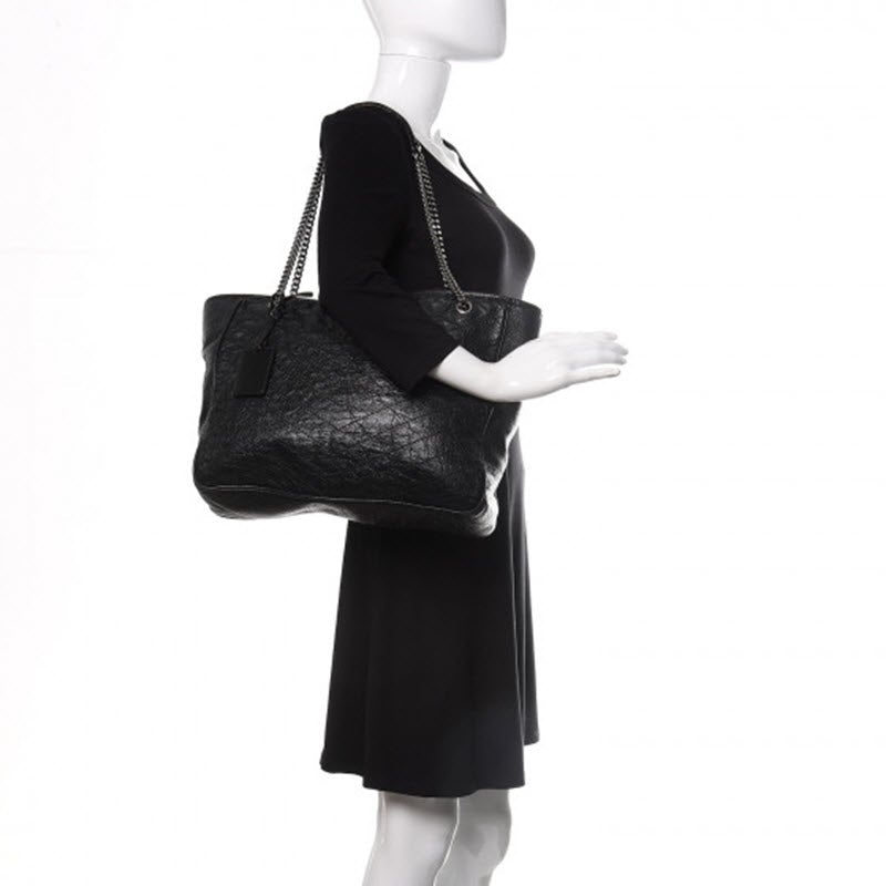 Saint Laurent Niki Crinkled Matelasse Monogram Large Shopping Black Calfskin Leather Tote