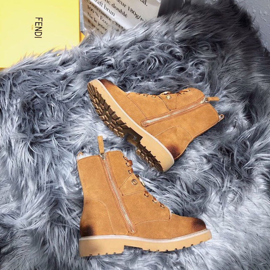 Fendi F Logo Lace Up Ankle Boots Suede Calfskin Leather Fall/Winter 2020 Collection, Tan