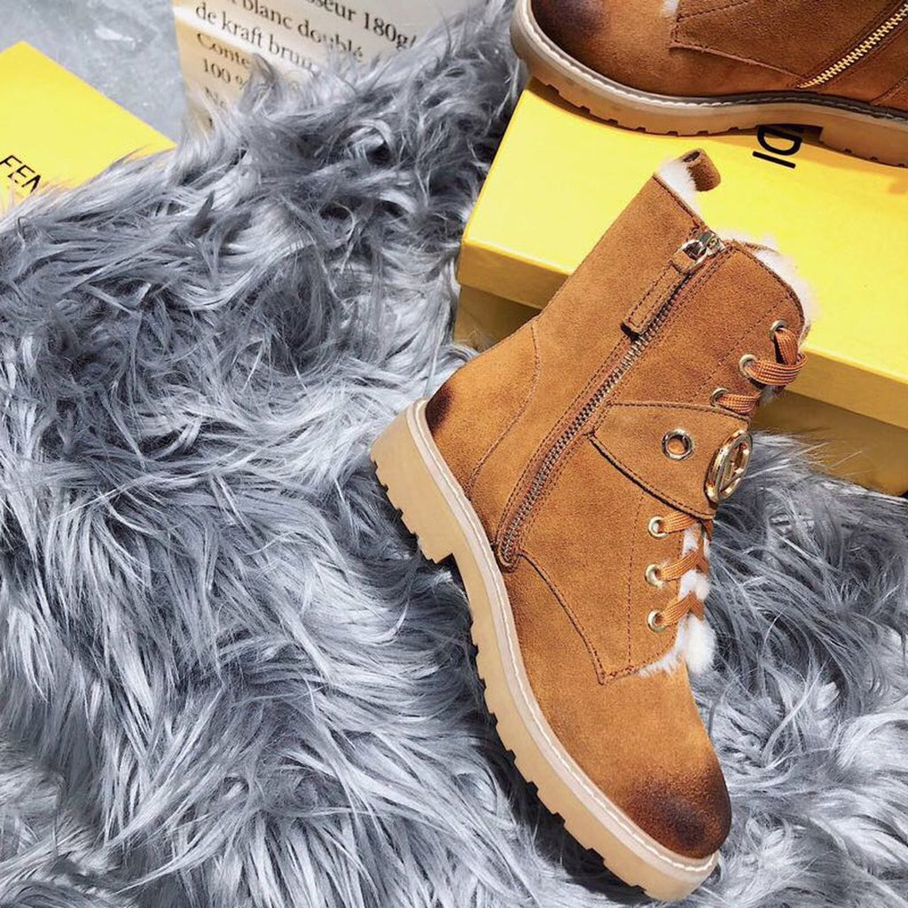 Fendi F Logo Lace Up Ankle Boots Suede Calfskin Leather Fall/Winter 2020 Collection, Tan