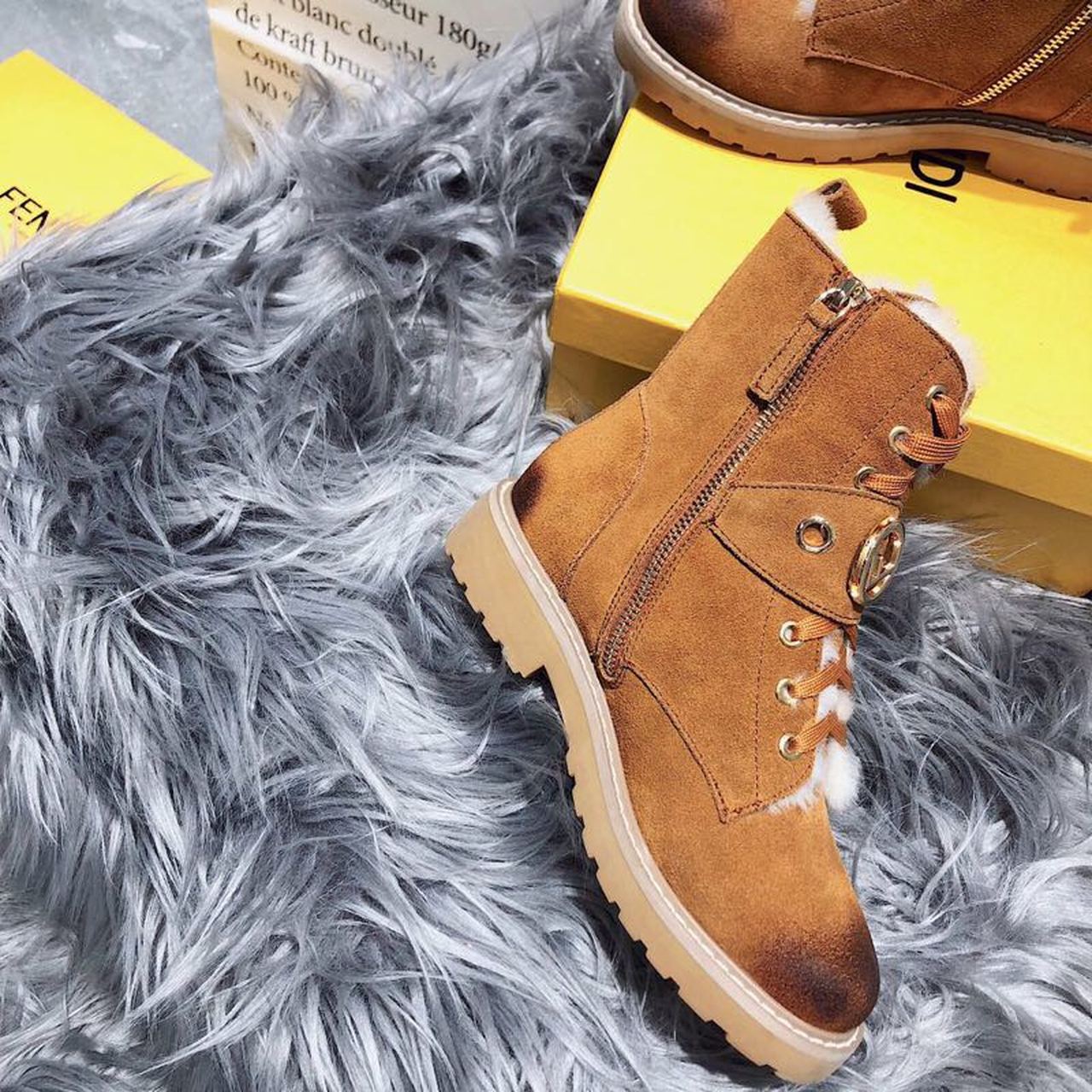 Fendi F Logo Lace Up Ankle Boots Suede Calfskin Leather Fall/Winter 2020 Collection, Tan