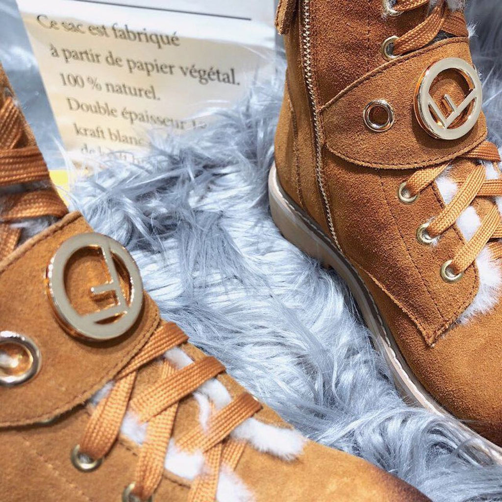 Fendi F Logo Lace Up Ankle Boots Suede Calfskin Leather Fall/Winter 2020 Collection, Tan
