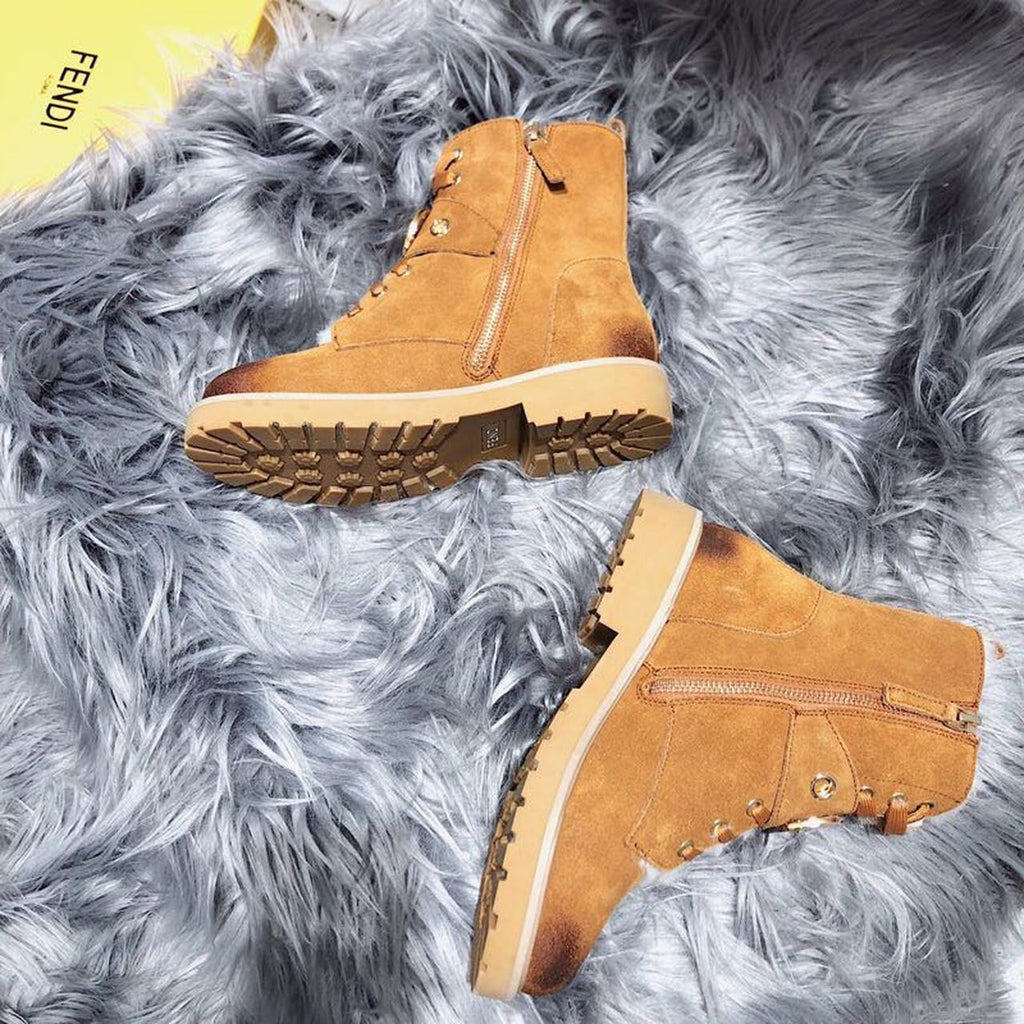 Fendi F Logo Lace Up Ankle Boots Suede Calfskin Leather Fall/Winter 2020 Collection, Tan