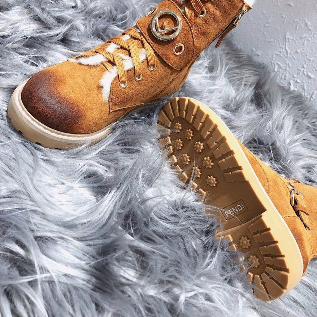 Fendi F Logo Lace Up Ankle Boots Suede Calfskin Leather Fall/Winter 2020 Collection, Tan