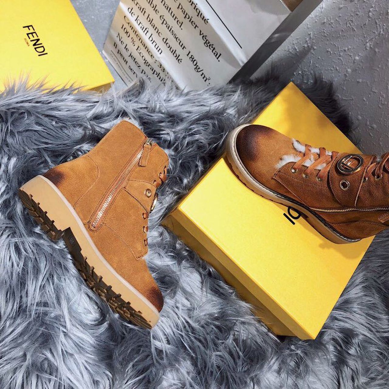 Fendi F Logo Lace Up Ankle Boots Suede Calfskin Leather Fall/Winter 2020 Collection, Tan