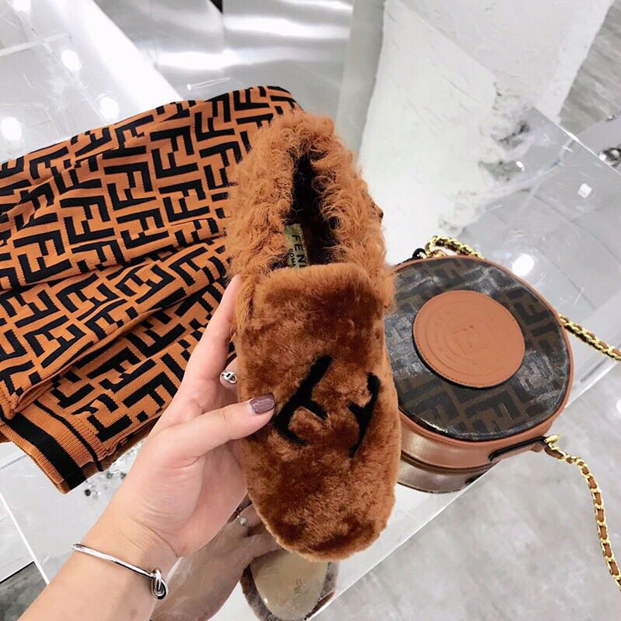 Fendi FF Logo Mink Fur Slippers Calfskin Leather Fall/Winter 2018 Collection, Tan