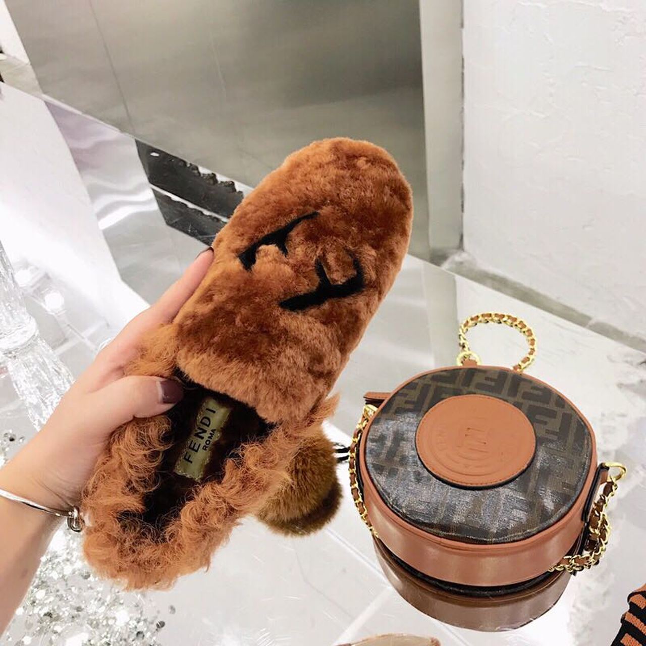Fendi FF Logo Mink Fur Slippers Calfskin Leather Fall/Winter 2018 Collection, Tan