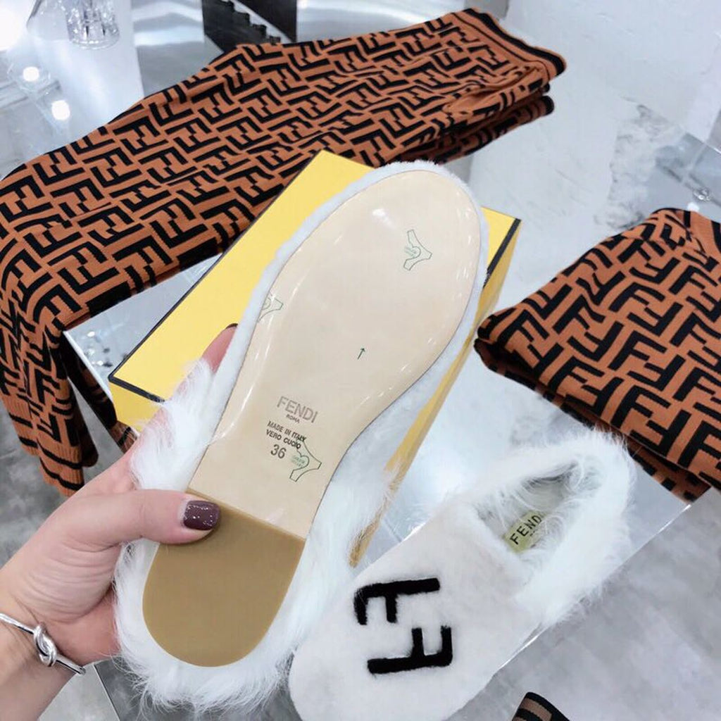 Fendi FF Logo Mink Fur Slippers Calfskin Leather Fall/Winter 2018 Collection, White