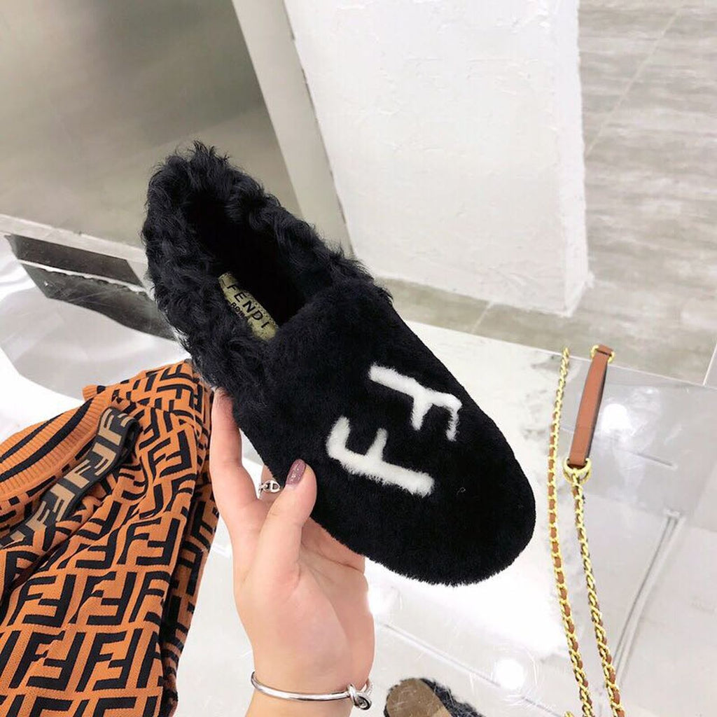 Fendi FF Logo Mink Fur Slippers Calfskin Leather Fall/Winter Collection, Black