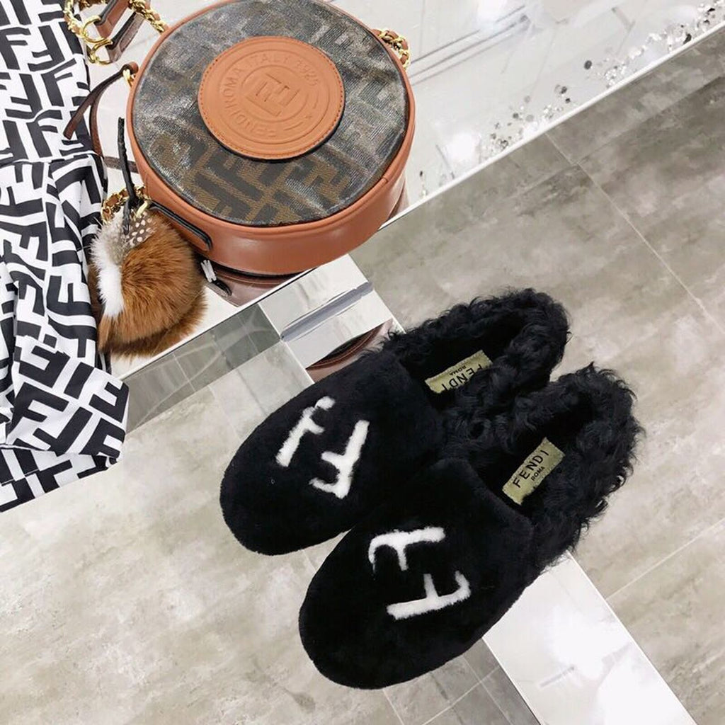 Fendi FF Logo Mink Fur Slippers Calfskin Leather Fall/Winter Collection, Black