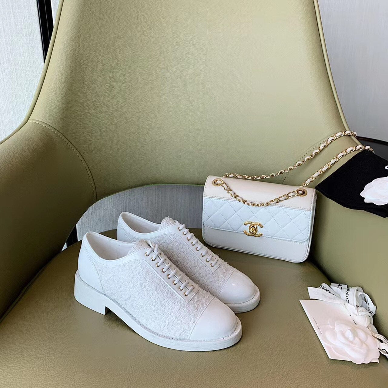 Chanel Tweed Lace Up Shoes Calfskin Leather Spring/Summer Collection White