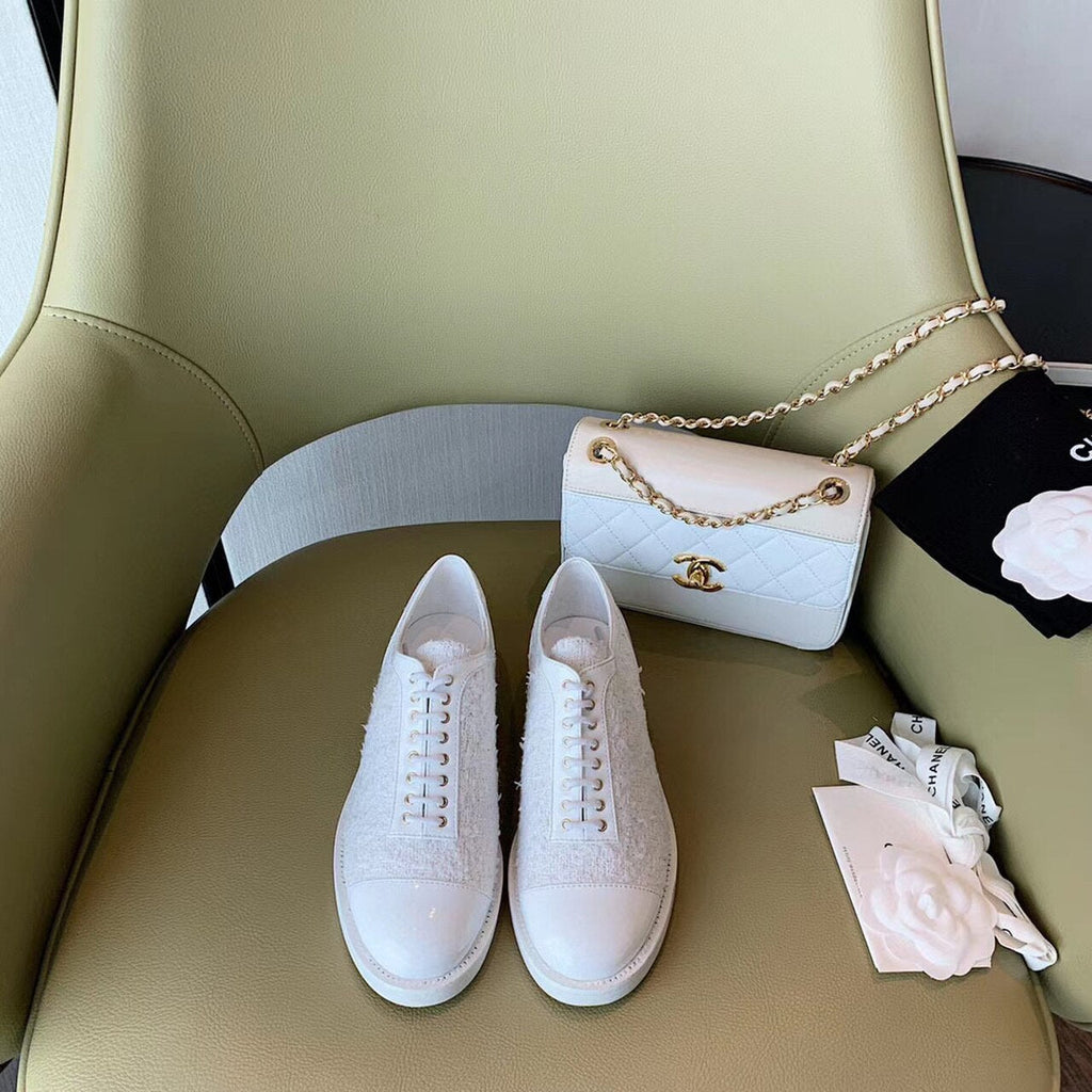 Chanel Tweed Lace Up Shoes Calfskin Leather Spring/Summer Collection White