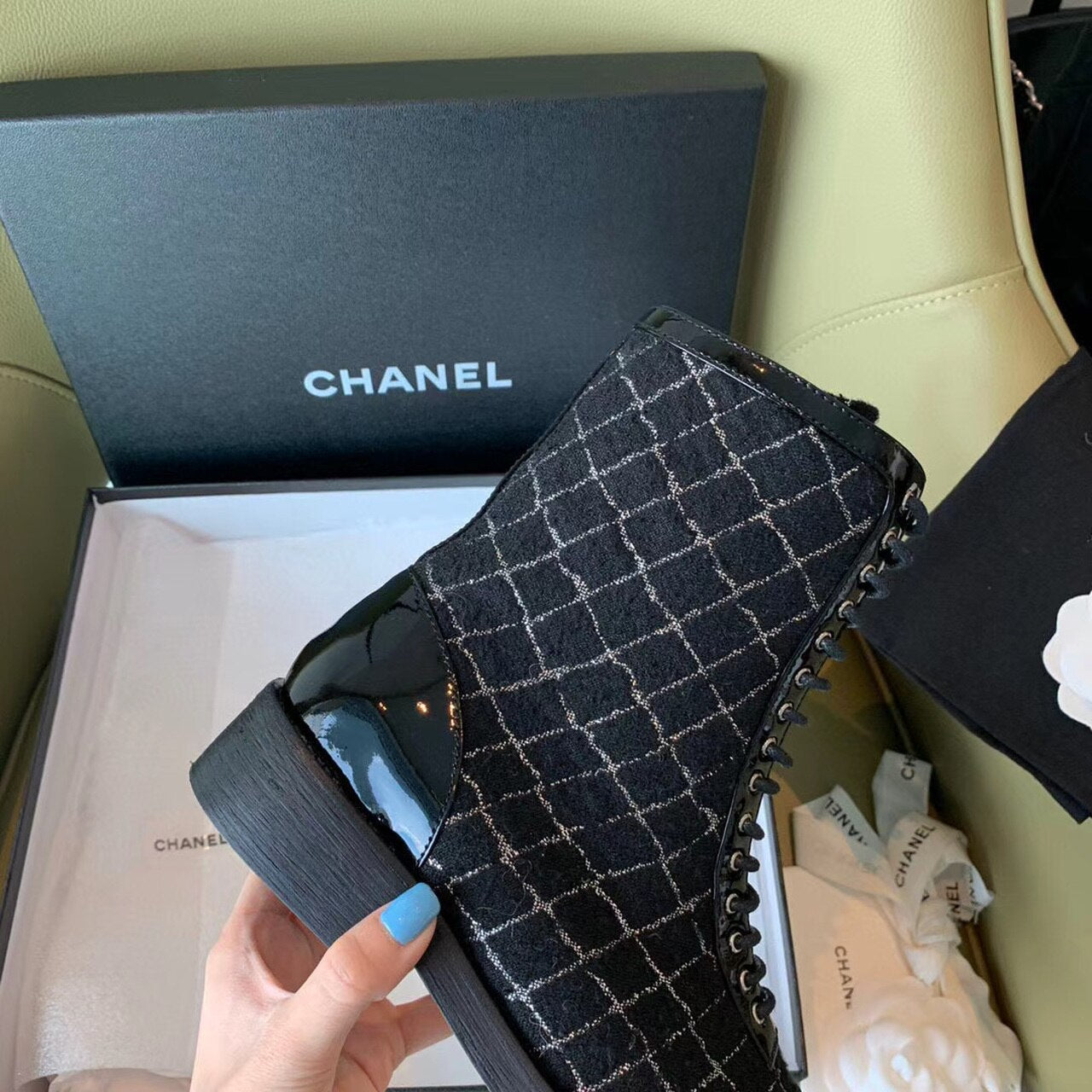 Chanel Tweed Lace Up Combat Boots Calfskin Leather Spring/Summer Collection, Black