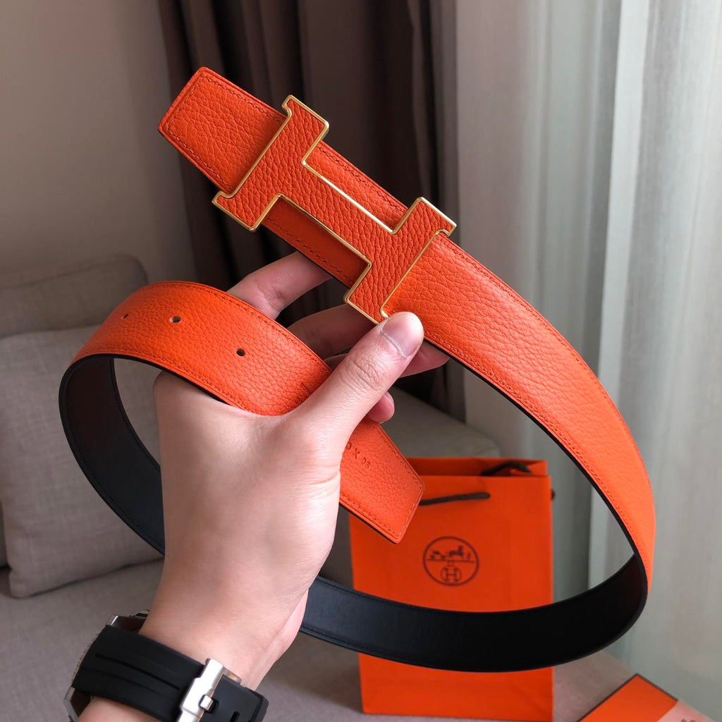 Hermes H Guillochee Belt Buckle & Reversible Leather Strap Orange