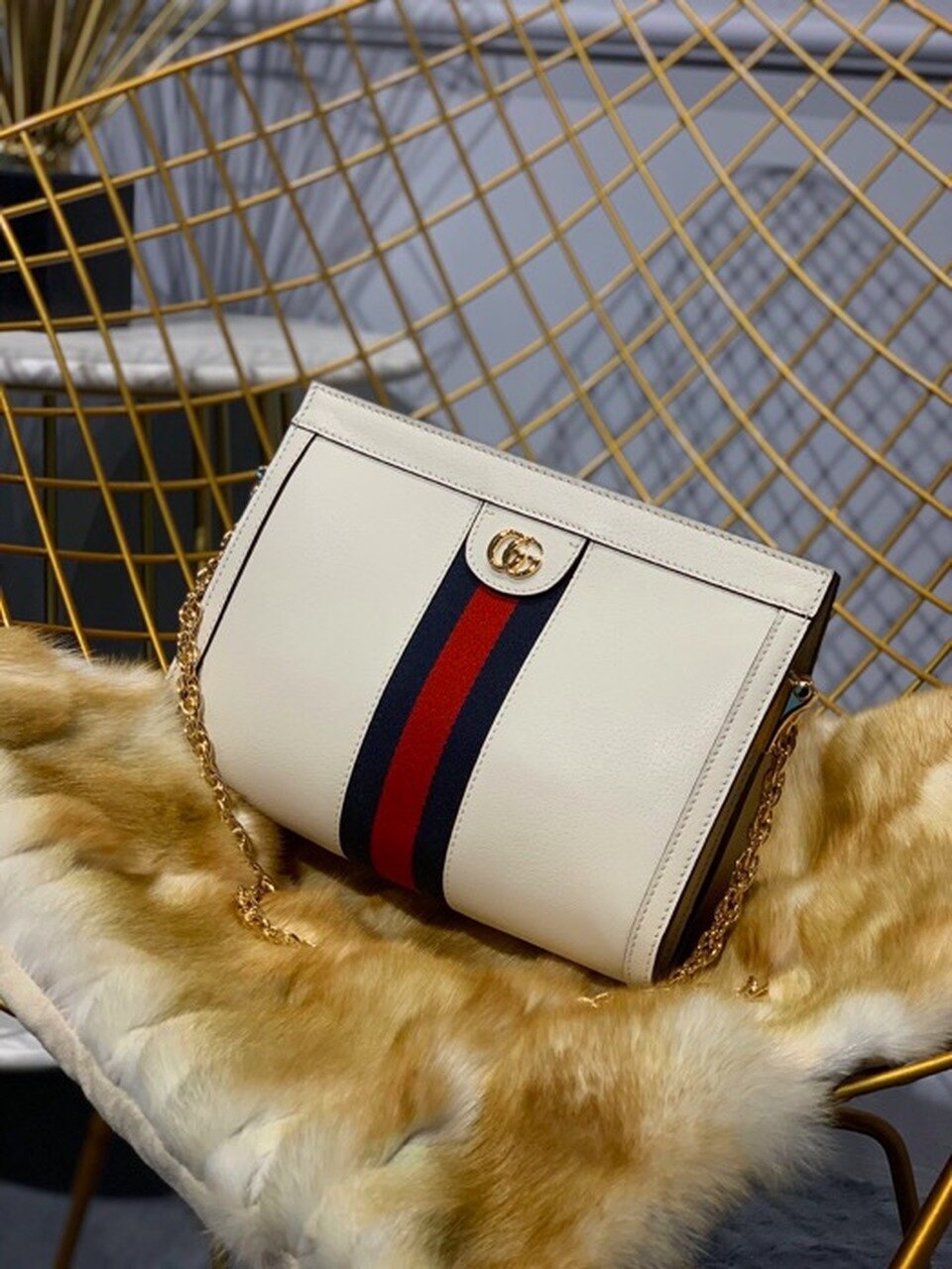 Gucci Ophidia GG Shoulder Bag 25cm Calfskin Leather Spring/Summer Collection White