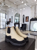 Bottega Veneta Flat Triple-Sole Leather Booties Calfskin Leather Fall/Winter 2020 Collection, Ivory/Black