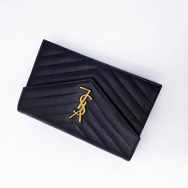 Saint Laurent Monogram Envelope Chain Wallet Grain De Poudre Matelasse Chevron Black Leather Shoulder Bag