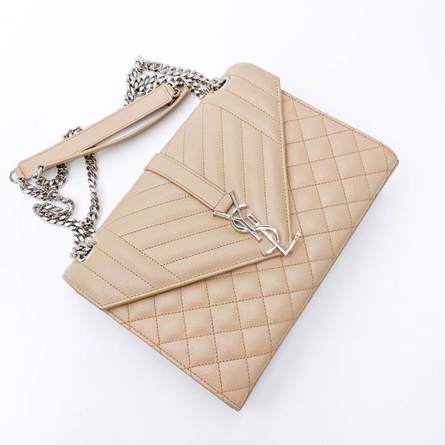 Saint Laurent Monogram Envelope Grain De Poudre Textured Mixed Matelasse Medium Triquilt Beige Leather Shoulder Bag