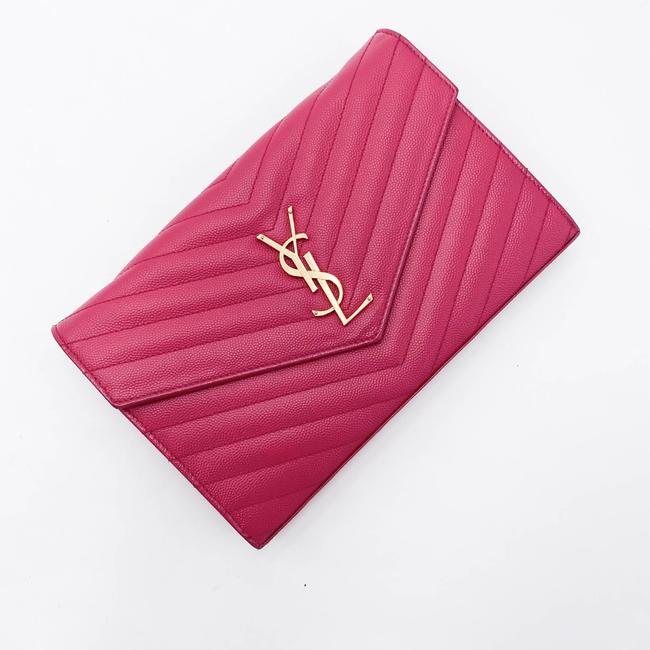 Saint Laurent Chain Wallet Grain De Poudre Matelasse Chevron Woc Lipstick Fuchsia Pink Leather Cross Body Bag