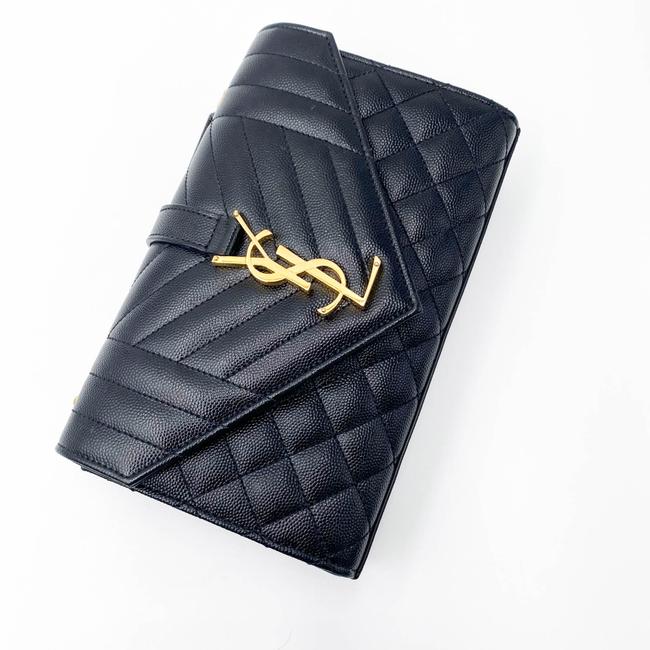 Saint Laurent Monogram Envelope Grain De Poudre Textured Mixed Matelasse Triquilt Small Black Leather Shoulder Bag