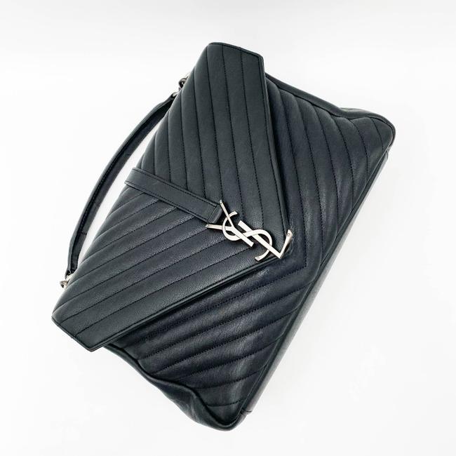 SAINT LAURENT Sheepskin Matelasse Chevron Monogram Large College Satchel Black Leather Shoulder Bag