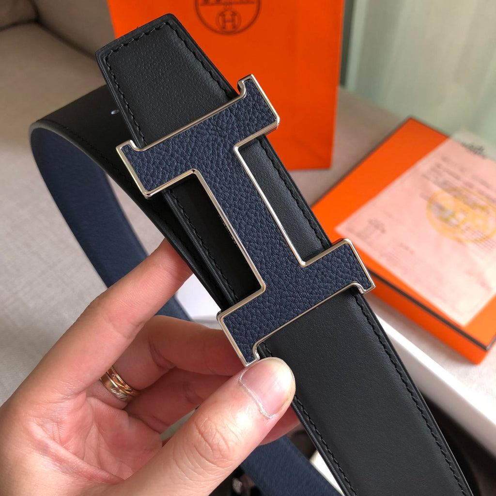 Hermes H Guillochee Belt Buckle & Reversible Leather Strap Black