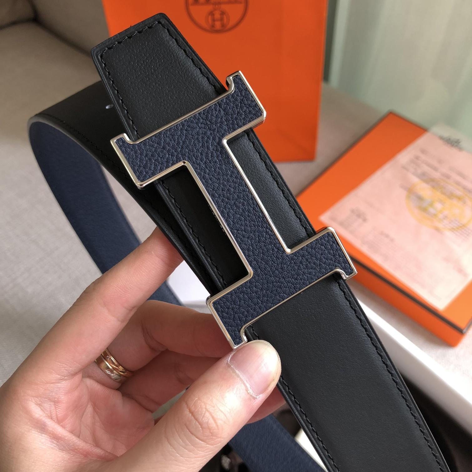 Hermes H Guillochee Belt Buckle & Reversible Leather Strap Black