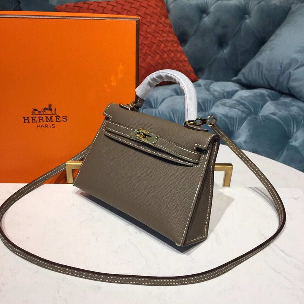Hermes Mini Kelly 20cm Epsom Bag Handstitched Gold Hardware, Etoupe Grey