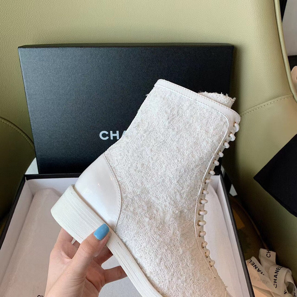 Chanel Tweed Lace Up Combat Boots Calfskin Leather Spring/Summe Collection, White
