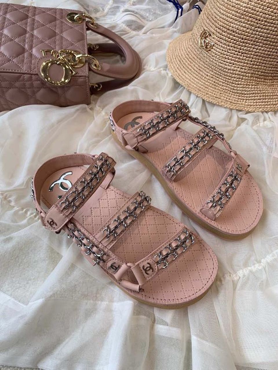 Chanel Chain Embroidered Sandals Lambskin Leather Spring/Summer Collection Pink