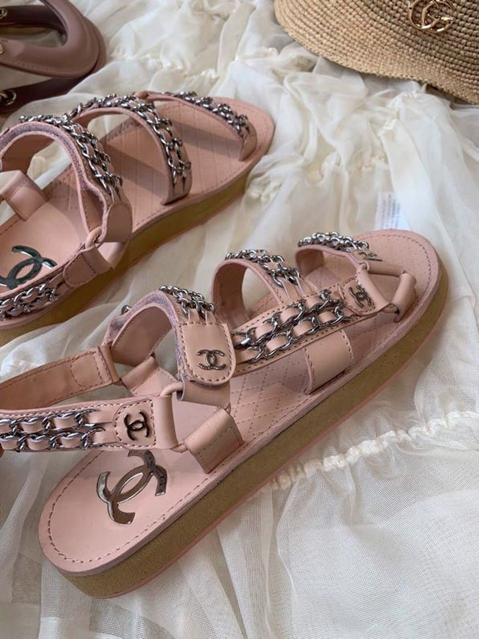 Chanel Chain Embroidered Sandals Lambskin Leather Spring/Summer Collection Pink