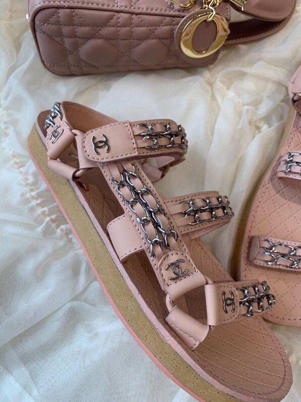 Chanel Chain Embroidered Sandals Lambskin Leather Spring/Summer Collection Pink