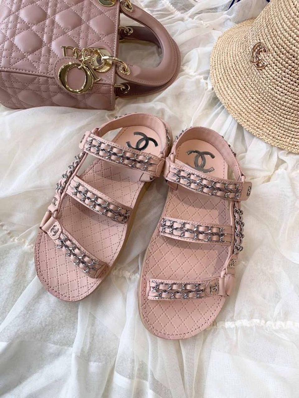 Chanel Chain Embroidered Sandals Lambskin Leather Spring/Summer Collection Pink