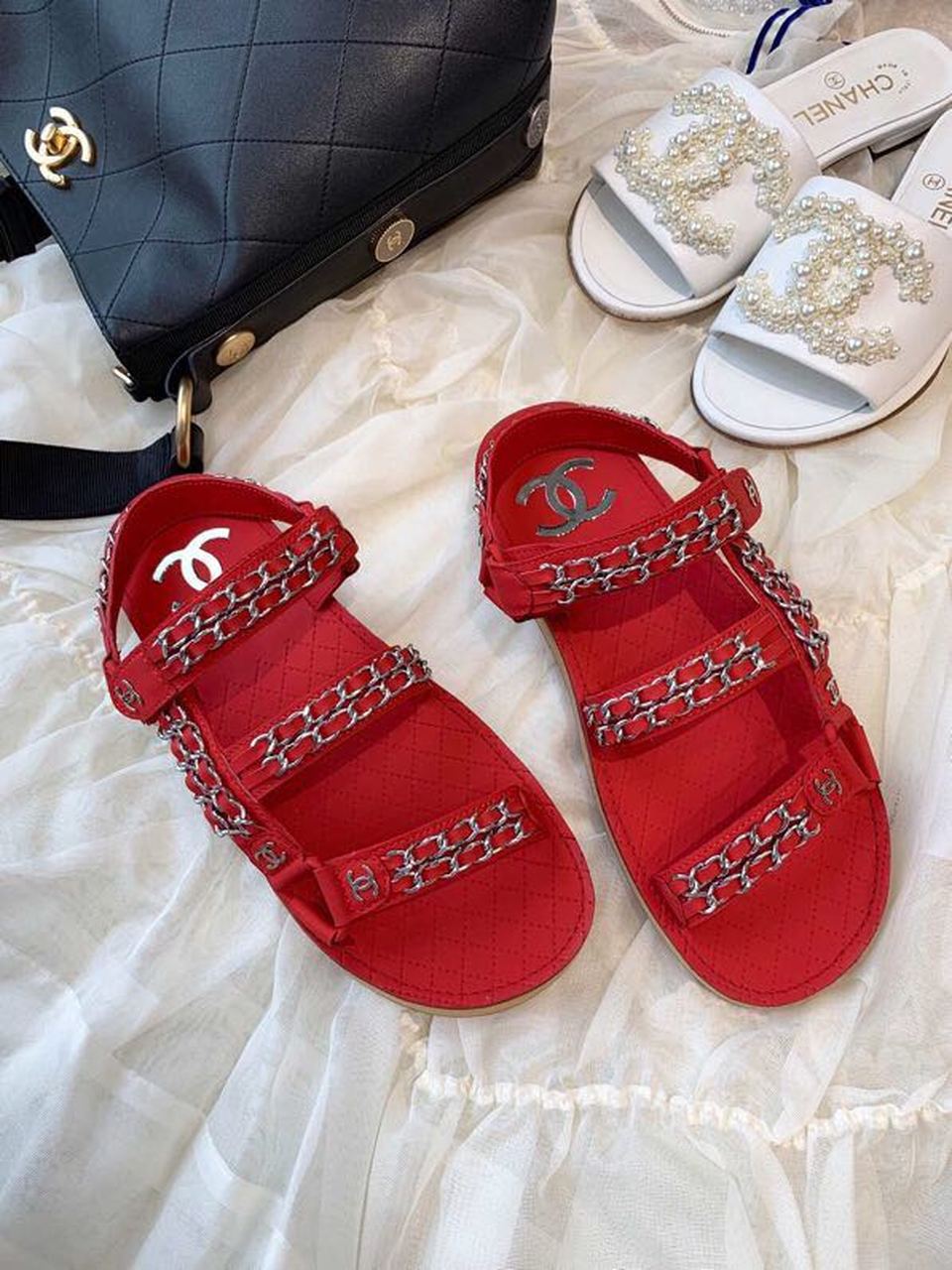 Chanel Chain Embroidered Sandals Lambskin Leather Spring/Summer Collection Red