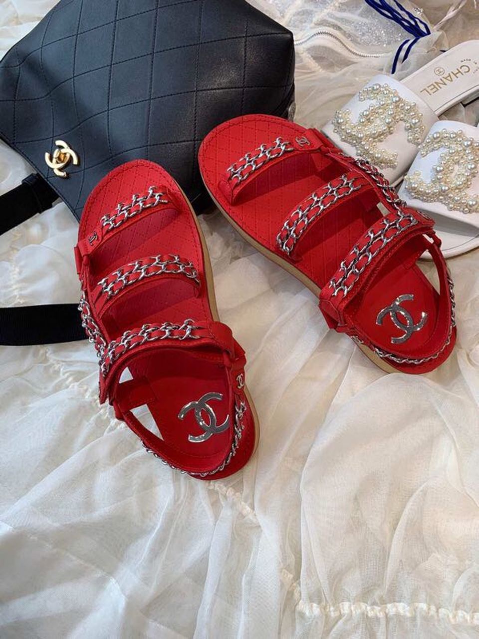 Chanel Chain Embroidered Sandals Lambskin Leather Spring/Summer Collection Red