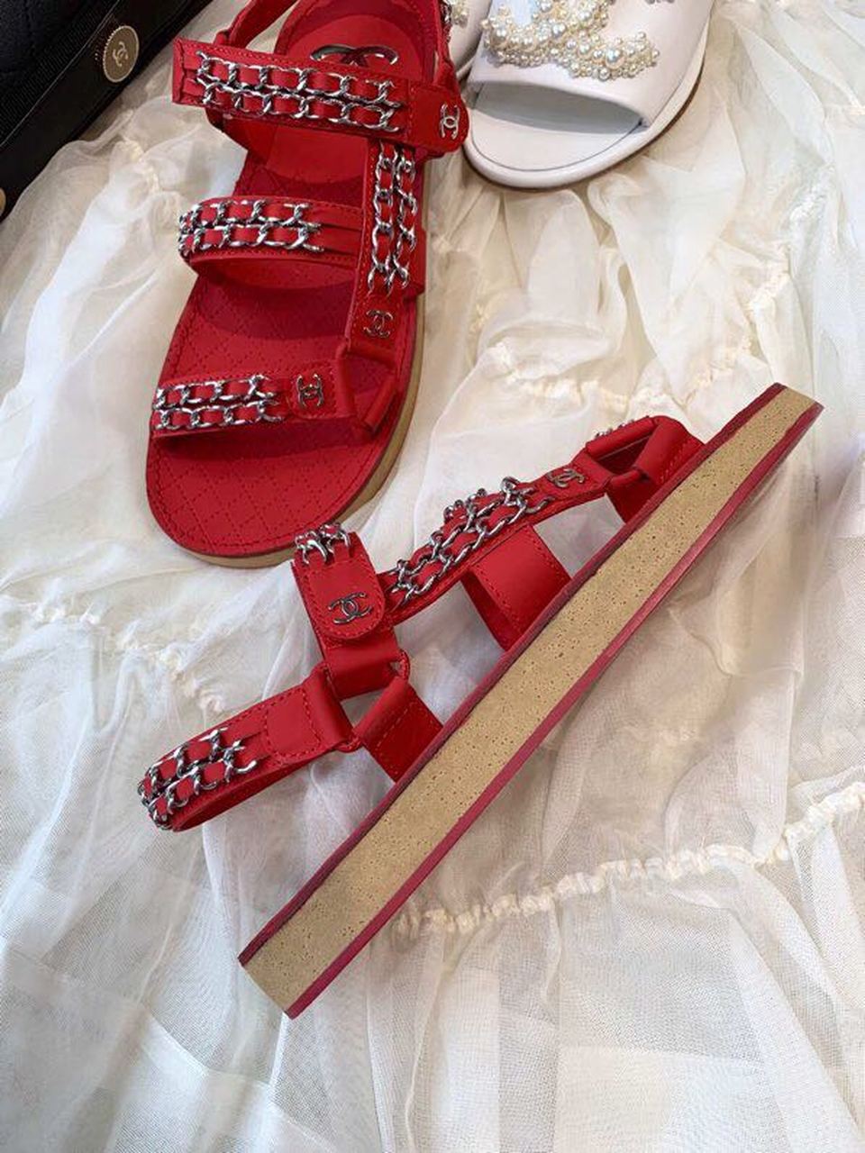 Chanel Chain Embroidered Sandals Lambskin Leather Spring/Summer Collection Red