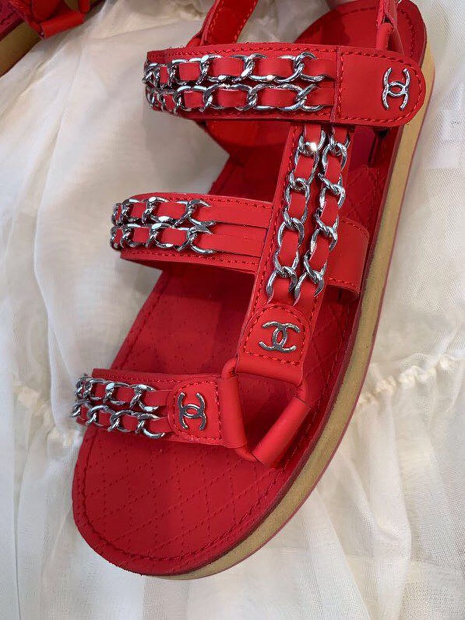 Chanel Chain Embroidered Sandals Lambskin Leather Spring/Summer Collection Red