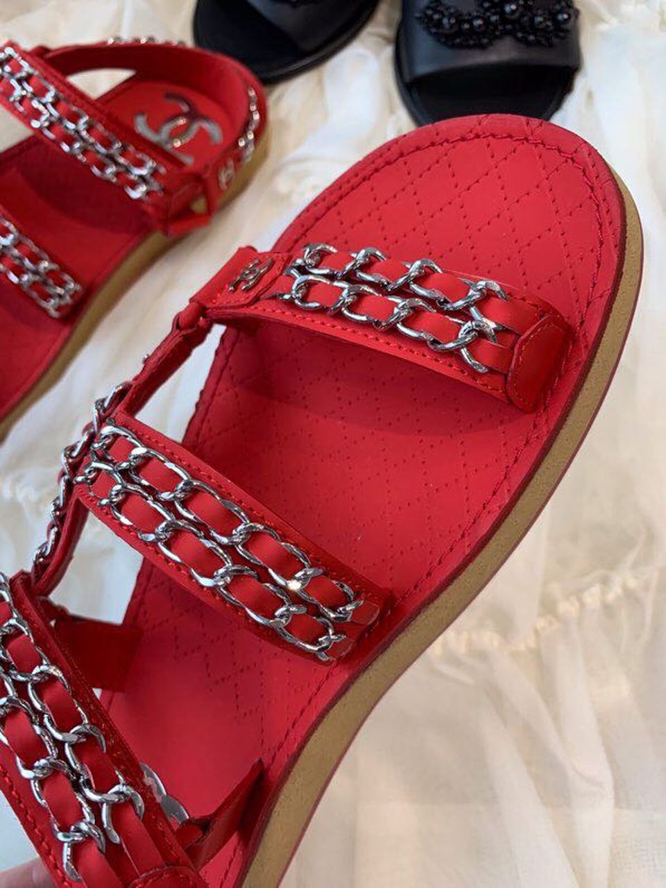 Chanel Chain Embroidered Sandals Lambskin Leather Spring/Summer Collection Red