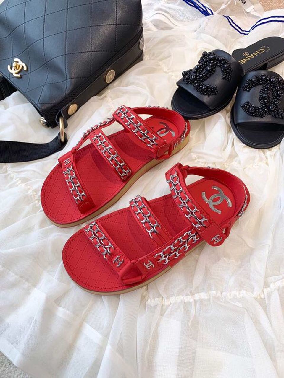 Chanel Chain Embroidered Sandals Lambskin Leather Spring/Summer Collection Red