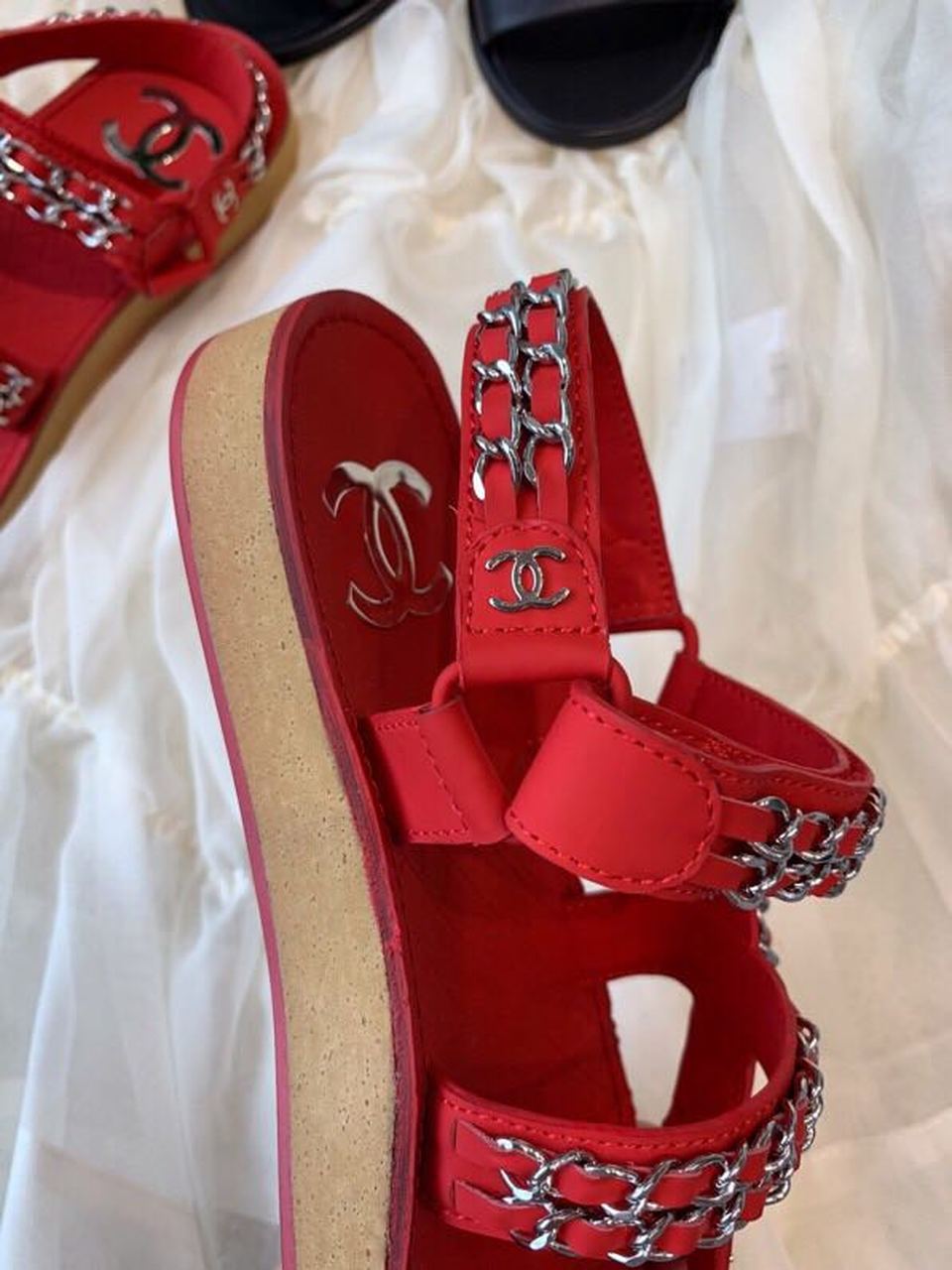 Chanel Chain Embroidered Sandals Lambskin Leather Spring/Summer Collection Red