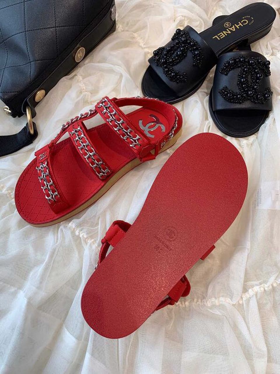 Chanel Chain Embroidered Sandals Lambskin Leather Spring/Summer Collection Red