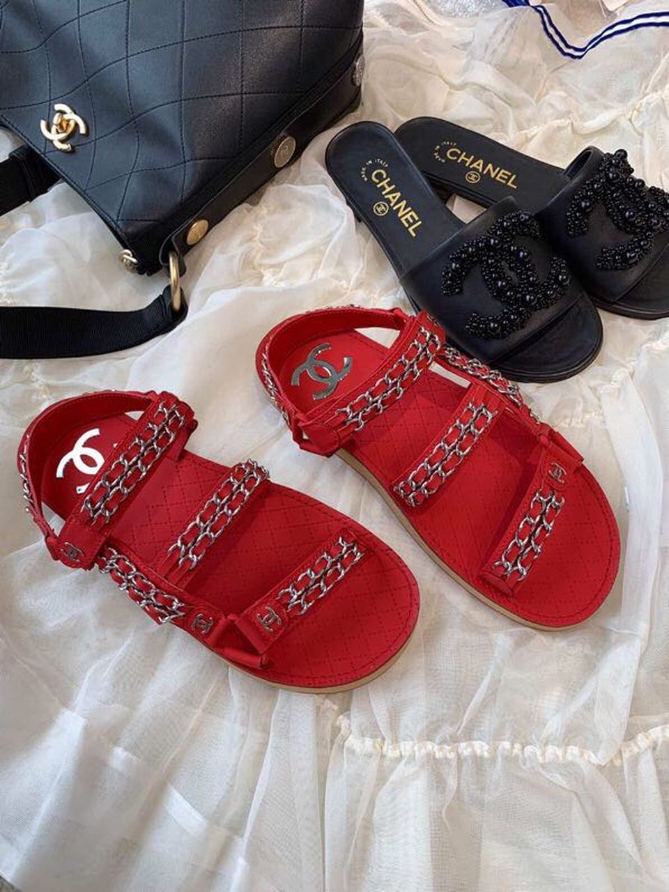 Chanel Chain Embroidered Sandals Lambskin Leather Spring/Summer Collection Red
