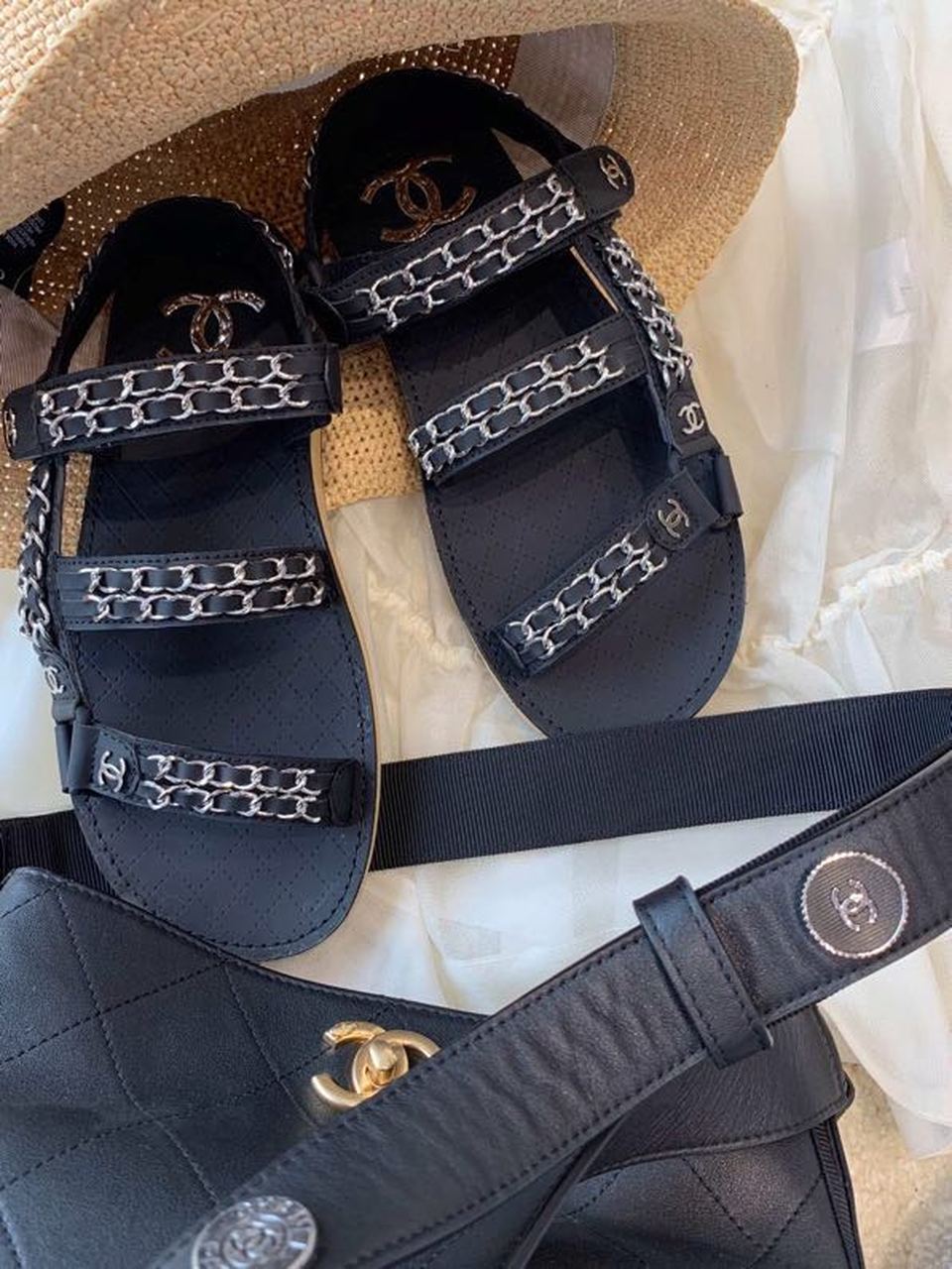 Chanel Chain Embroidered Sandals Lambskin Leather Spring/Summer Collection Black