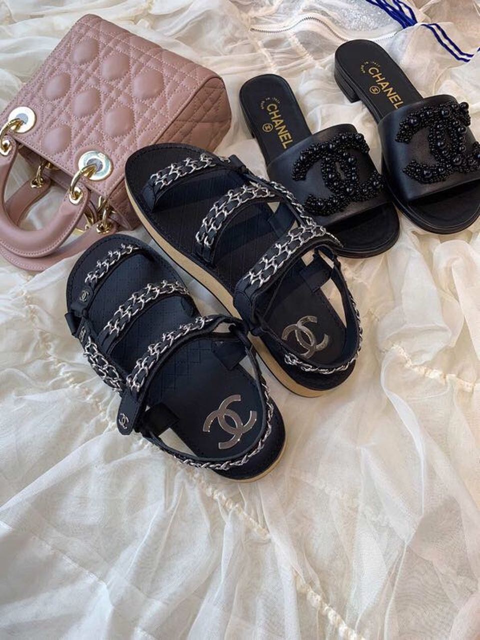 Chanel Chain Embroidered Sandals Lambskin Leather Spring/Summer Collection Black